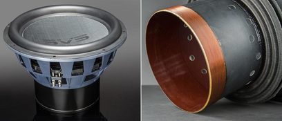 SVS PB16-Ultra black lacquered subwoofer, front and side view, cylindrical shape, circular speaker, wood finish
