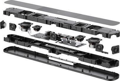 Eksploderet visning af den sorte Sennheiser AMBEO Soundbar Plus, der viser de integrerede højttalere, diskanter og subwoofere