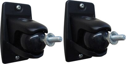 Zwei schwarze GoldenEar SuperSwivel-Lautsprecherständer aus Metall mit silberfarbenen, drehbaren Metallarmen, frontal auf weißem Hintergrund abgebildet