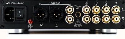 Bagpanel på en Nuforce P8 S lydforstærker med XLR-, RCA-, trigger-, DC 12V-stik og spændingsvælger
