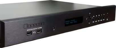 Player audio de rețea Bryston BDP-3 negru, față din aluminiu periat cu ecran albastru, butoane și porturi USB frontale duble