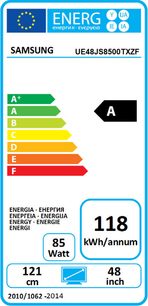 Energimærke for et Samsung UE48JS8500TXZF-tv, energiklasse A, 118 kWh/år, 85 W, 121 cm, 48 tommer
