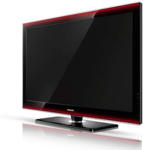 Samsung PS63A756 sort fladskærms-tv, slukket, set forfra og lidt fra siden, med røde omrids, på metalfod