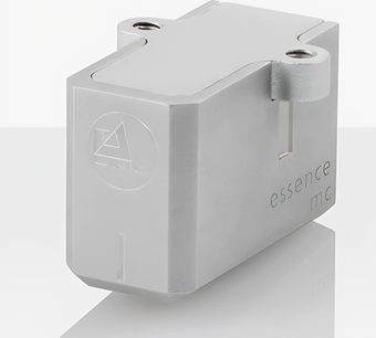 ClearAudio Essence MC lysegrå vinylpickup-enhed, afrundet rektangulær form, indgraveret logo, set forfra og fra siden
