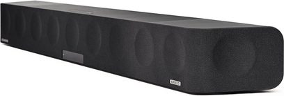 Czarna listwa dźwiękowa Sennheiser AMBEO Soundbar Max + SUB, widok z przodu, wydłużony kształt prostokątny, przednia maskownica akustyczna