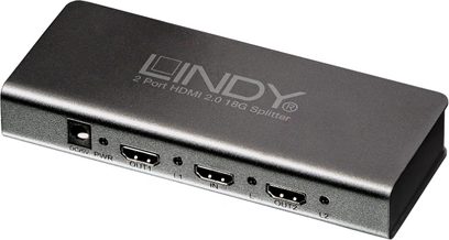 Przełącznik i rozdzielacz HDMI Lindy 38240 czarny, 2 porty HDMI, 1 port zasilania, widok perspektywiczny z przodu