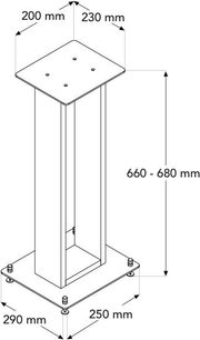 Lautsprecherständer Norstone Design Alva plus helles Eichenholz, isometrische Ansicht, quadratische Basis, rechteckige obere Platte, höhenverstellbar