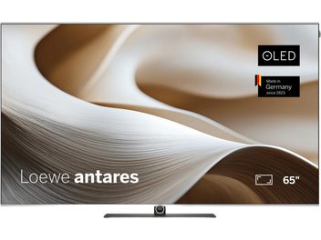 Lameda ekraaniga 65-tolline OLED-teler Loewe Antares, eestvaade mustal keskjalgadel