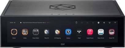 Netzwerk-Audioplayer RS151 schwarz mit rechteckigem Gehäuse, gebürsteter Metalloberfläche oben und Front-Touchscreen mit Symbolanzeige