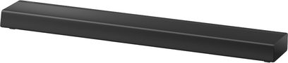 Černý soundbar Panasonic SC-HTB400EG, pohled zepředu, podlouhlý obdélníkový tvar se zaoblenými rohy