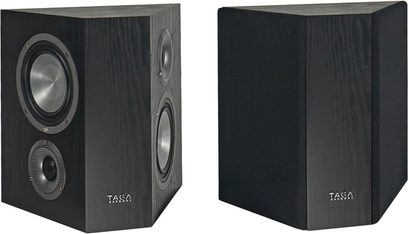 Højttalere Taga Harmony Platinum S-100 V.4 sort, set forfra og fra siden, mørkt træ kabinet, synlige højttalere