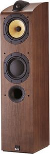 Bowers & Wilkins 704 gulvhøjttaler, skrå forside i mørkt træ, 3 højttalere, gylden diskanthøjttaler, sort base