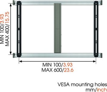 Teknisk diagram med dimensioner for en VESA Vogel's Thin 325 vægbeslag til TV, kompatibel med skærme fra 100x100 til 600x400 mm