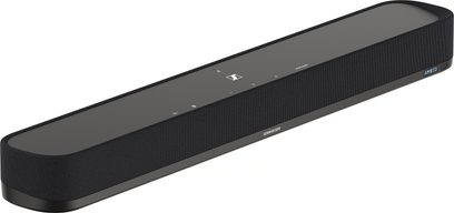 Zvuková lišta Sennheiser AMBEO Soundbar Mini v černé barvě, pohled zepředu, protáhlý obdélníkový tvar se zaoblenými hranami