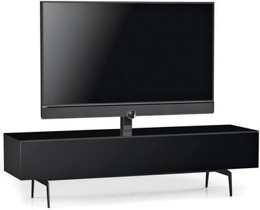 Móvel áudio-vídeo Sonorous STA361 preto em vidro e metal com acabamento lacado, formato retangular baixo com suporte de TV central integrado e quatro pés finos, vista frontal em três quartos