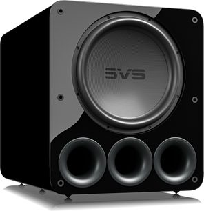 Reproduktorový box SVS PB-5000 R|Evolution v černé lakové úpravě s přední stranou, kruhovým reproduktorem a 3 předními basovými reflexními otvory