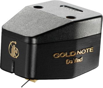 Testina per giradischi Gold Note Da Vinci nera e grigia vista di tre quarti con scritta dorata e diamante visibile