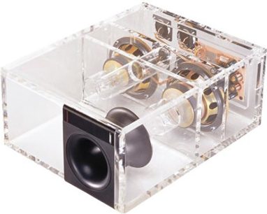 Pack d'enceintes compactes Bose Acoustimass 5 Series III noires, vue éclatée montrant les composants internes transparents