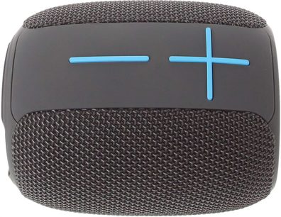 Yourban Getone 25 harmaa bluetooth-kaiutin, ylhäältä katsottuna, kudottu pinta, vaaleansiniset koholla olevat äänenvoimakkuuspainikkeet