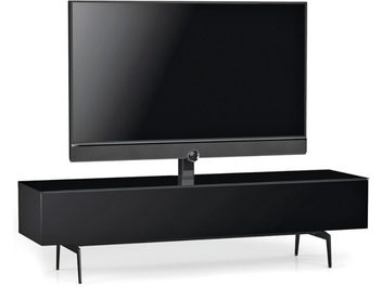 Schwarzes Audio-Video-Möbel Sonorous STA361 aus Glas und Metall mit lackierter Oberfläche, niedrige rechteckige Form mit integriertem zentralen TV-Halter und vier schlanken Füßen, Ansicht von vorne im Dreiviertelwinkel