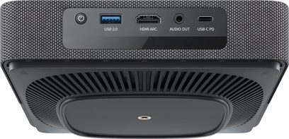 Projektor Loewe We. BEAM siv, pogled od spodaj z vrati USB 2.0, HDMI ARC, avdio izhodom in USB-C PD