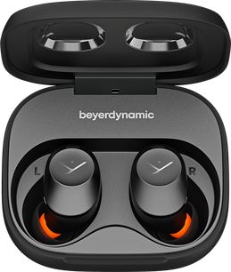 Ακουστικά ενδοωτιαία Beyerdynamic Amiron 300 μαύρα σε ανοιχτή μαύρη θήκη με ακουστικά σημειωμένα με L και R, πορτοκαλί λεπτομέρειες