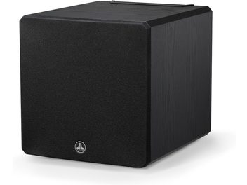 Subwoofer JL Audio E-Sub e110 čierny jaseň, kockový tvar, čierna textúrovaná povrchová úprava, strieborné logo na prednej strane