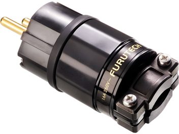 Мережева вилка Furutech FI-11-N1 (G) чорна пластикова, позолочені контакти, хомут із двома гвинтами, вигляд під кутом 3/4