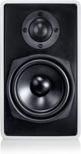 Zwarte Canton AM 5 actieve monitorluidspreker met tweeter achter rooster en grote ronde woofer op witte frontplaat
