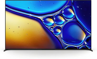 Телевизор с висока разделителна способност Sony BRAVIA 8 II K55XR8 черен, ултратънка метална рамка, плосък екран с диагонал 55 инча на малки странични крачета, показва абстрактен мотив в синьо и жълто, изглед отпред