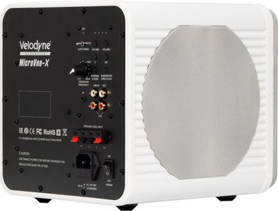 Subwoofer Velodyne MicroVee X branco, vista traseira e lateral com painel de comandos preto e grelha cinzenta