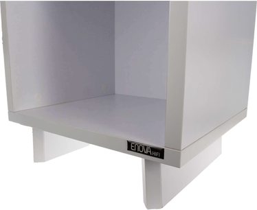 Wit Enova HIFI Vinyle Lover Cube meubel in 3/4 aanzicht, open plank, zwart logo