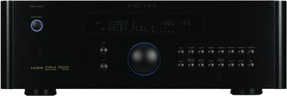 Rotel RSP-1572 sort forstærker til hjemmebio, central volumeknap, digitalt display, vælgerknapper på forsiden