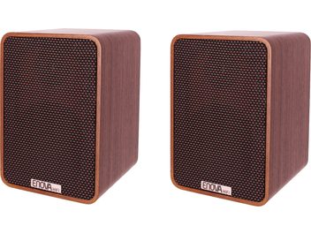 Безжичен свързан висококачествен звуков колон Enova HIFI VELA II, изглед отпред, дървена отделка, черна решетка, закръглени ръбове, лого в долната част
