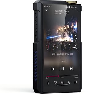 Reproductor de audio hi-fi FiiO M27 negro, gran pantalla táctil, rueda dorada y botones laterales, interfaz de reproducción de música