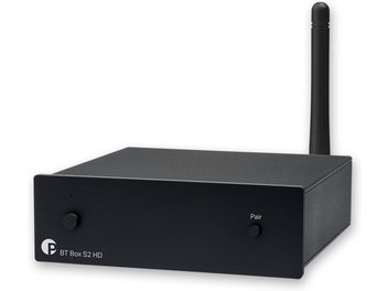 Pro-Ject BT Box S2 HD Wireless Transmitter Black, rectangular black casing, left button, right button labeled "Pair," vertical antenna on the rear right.