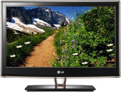 LG 19LV2500 TV viser et bjerglandskab med en vandresti omgivet af vegetation og blomster