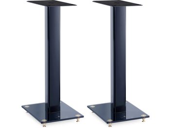 Supporti per diffusori S05 blu, struttura rettangolare verticale, base quadrata con punte dorate, piano superiore rettangolare