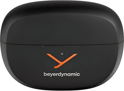 Etui til Beyerdynamic Amiron Zero sport-høretelefoner, mat sort plast, orange logo og front-LED, frontvisning