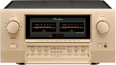 Amplificador estéreo Accuphase E-800S en aluminio champán cepillado, vista frontal, con dos medidores VU, botones grandes de volumen y entrada