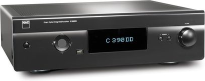 Ampli hi-fi stéréo NAD C390DD graphite, façade avant avec afficheur numérique, boutons et prises, vue de face