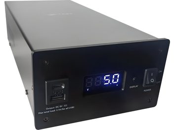 Carcasă de alimentare neagră și argintie, vedere din trei sferturi, cu ecran LED, porturi USB-C și USB-A și întrerupător