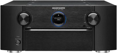 Marantz AV8801 sort forstærker til hjemmebio, set forfra, sort front, 2 drejeknopper, blå skærm der viser "Blu-ray 59%"