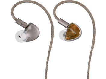 Grijze Sivga Lyrebird in-ear oordopjes, bruin en groen geaderde frontjes, gevlochten kabel en transparante oortips