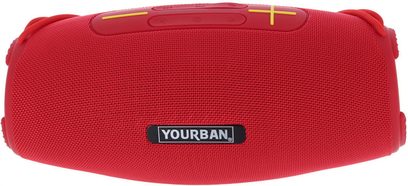Bluetooth-højttaler Yourban Getone 45 rød, set ovenfra, cylindrisk form, tekstureret stof, gule knapper, Yourban-logo