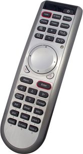 Grå og sort Optoma EP1080 fjernbetjening, set forfra, med numerisk tastatur, multifunktionstaster og navigationsdrejeknap