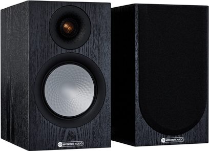 Monitor Audio Silver 50 7G -kirjahyllykaiuttimet, musta tammi, musta tammietupaneeli, kultainen diskanttielementti, harmaa kaiutinelementti