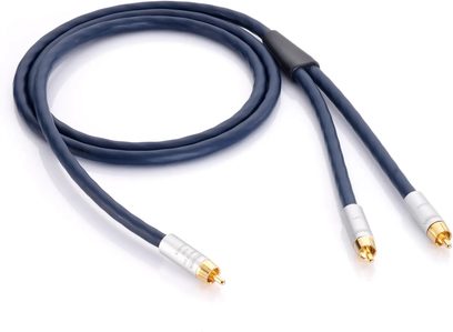 Inakustik Connect 212 Sub-Y subwooferkabel i marineblå PVC-kappe, Y-forgrening med sort klemme, to guldplaterede RCA-hankønstik med sølvfarvede metallegemer, set ovenfra