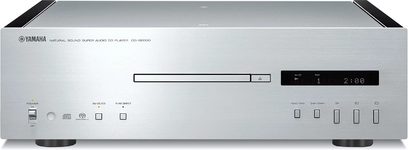 Yamaha CD-S2000 CD-afspiller i sølv, med sort lakeret front, set forfra, digitalt display, knapper og CD-skuffe
