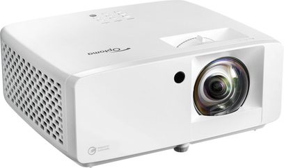 Відеопроєктор Optoma UHZ35ST білий, вид спереду, об'єктив зсунутий праворуч, вентиляційні решітки з боків